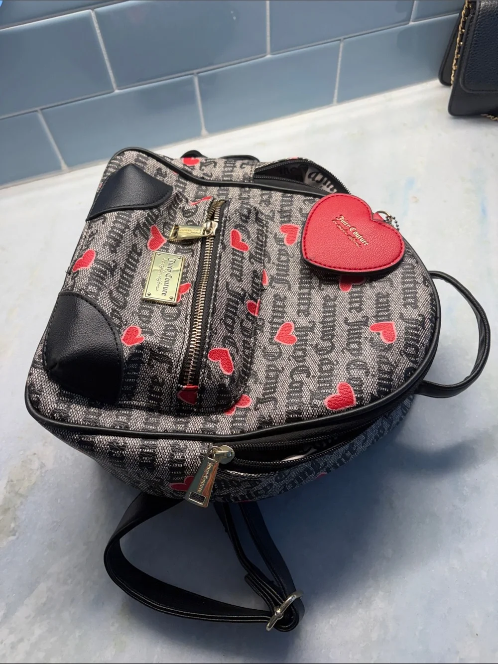 Juicy Couture Black Logo Canvas Mini Backpack with Red Hearts